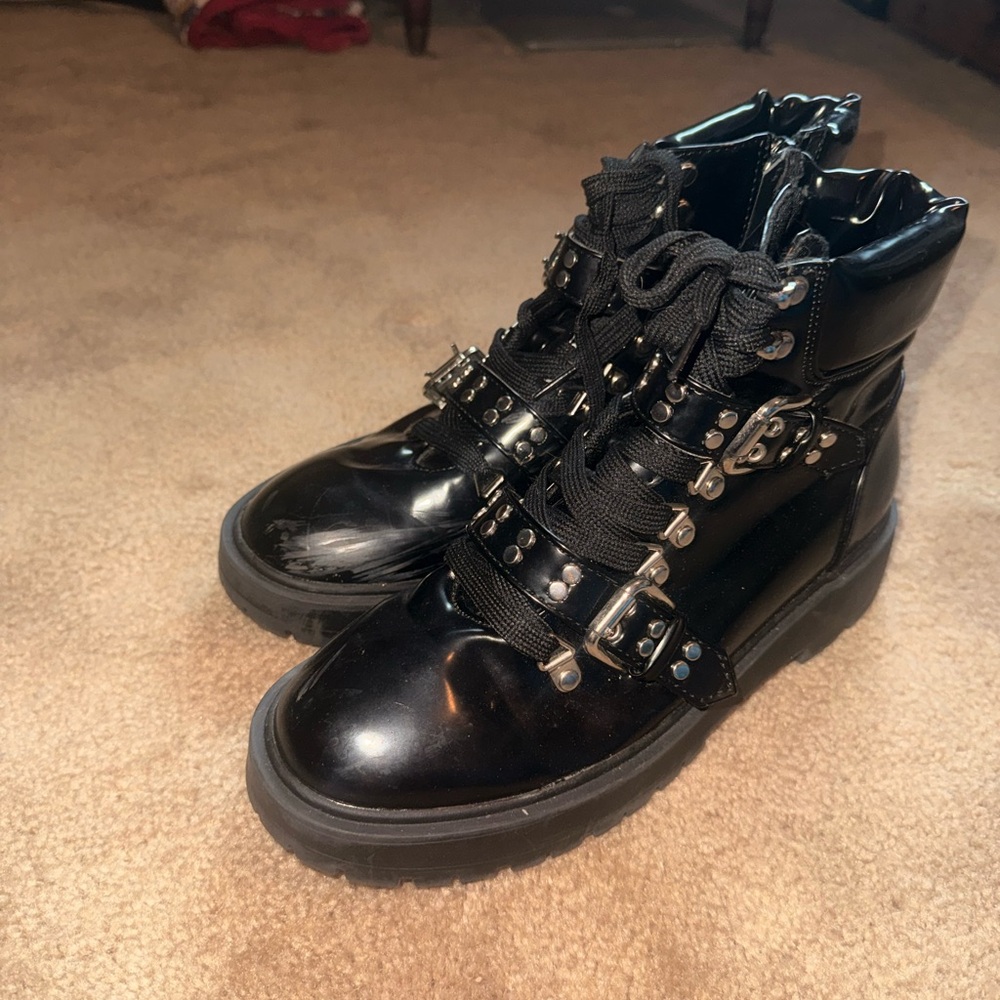 Black Patent Combat Boots with Studded Straps